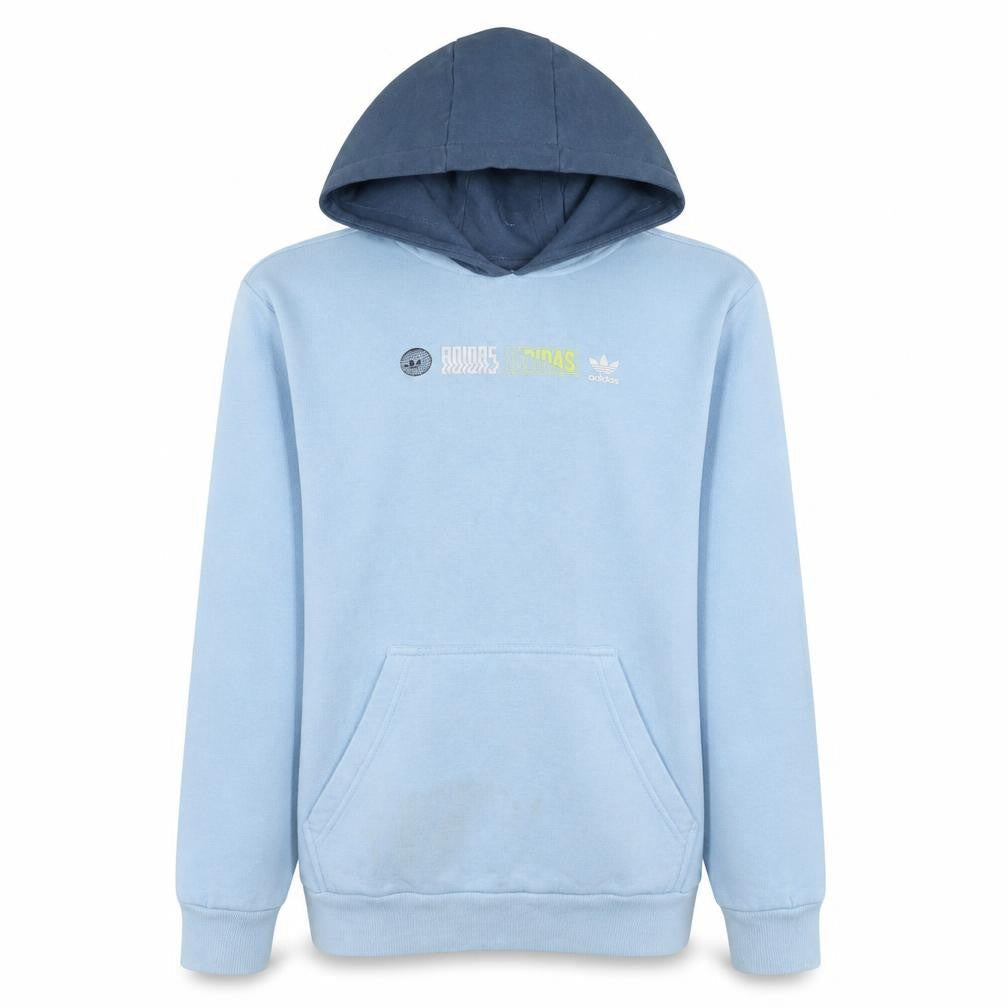 Front view of Adidas boys’ blue graphic print pullover hoodie 15-16 years cotton blend