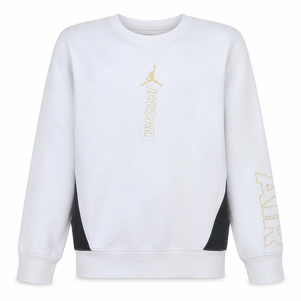 Front view of Nike Jordan boys’ white crew neck sweatshirt 12-13 years pullover style