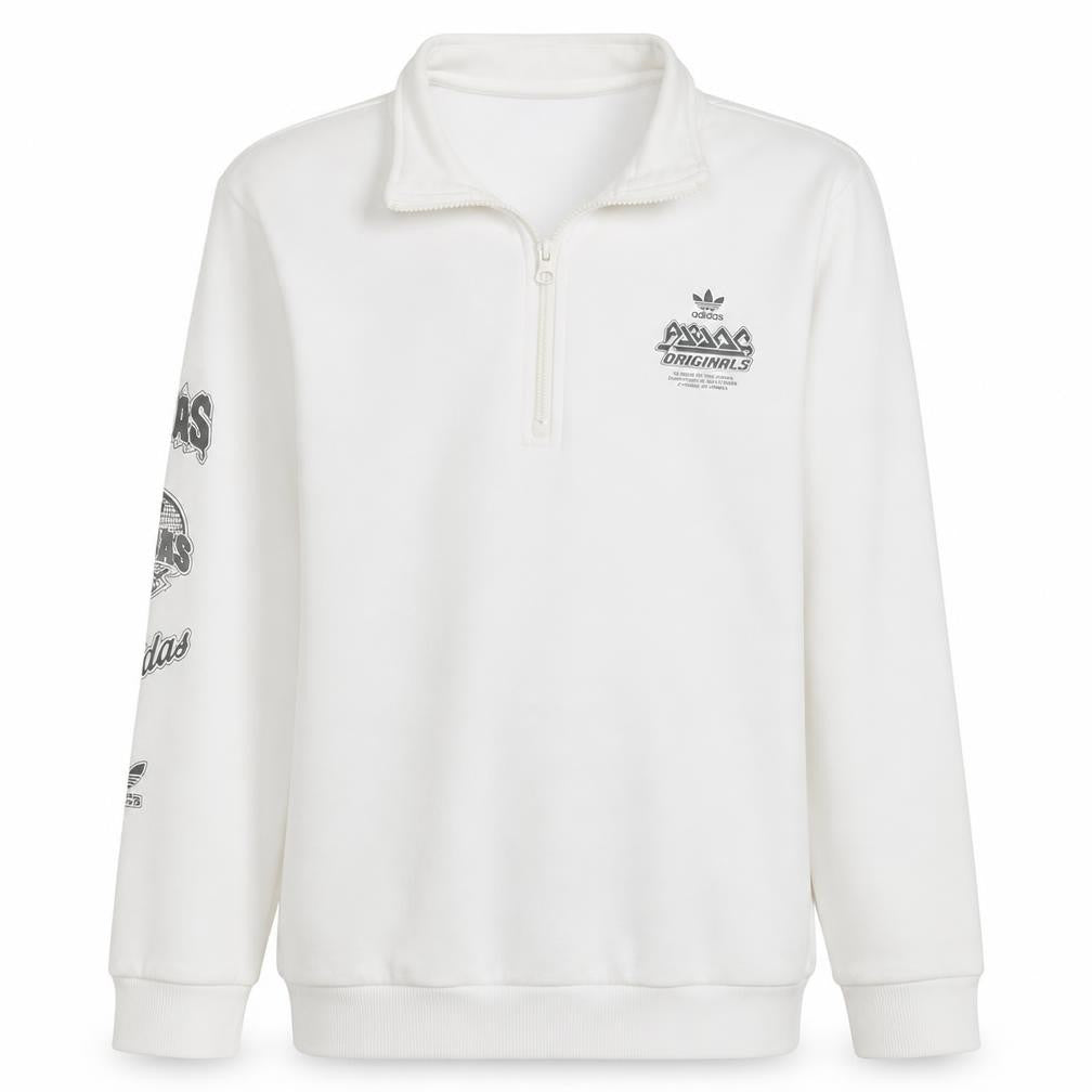 Front view of Adidas boys’ white 1/2 zip fleece sweatshirt 15-16 years originals logo