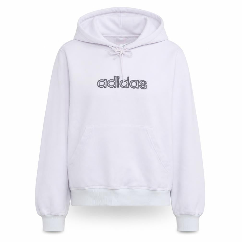 Front view of Adidas women’s pink pullover hoodie, size UK 10, cotton blend logo sweatshirt