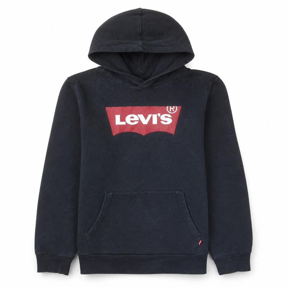 Front view of Levi's boys’ black pullover fleece hoodie 16 years logo print casual sweatshirt