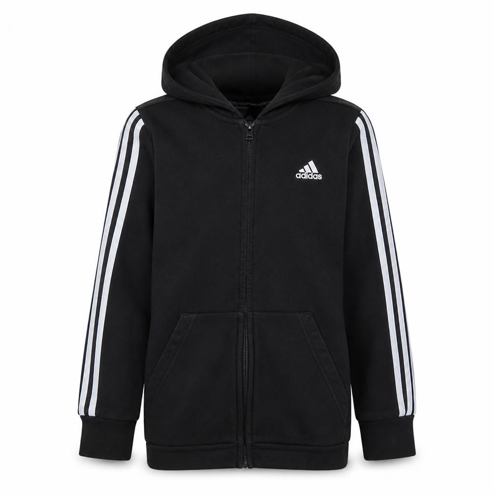 Front view of Adidas boys’ black full zip hoodie size 160cm classic sportswear
