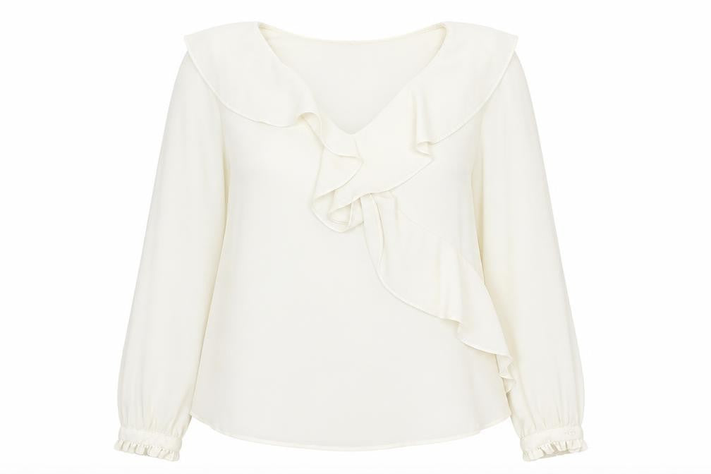 Zara Women Ivory Ruffle Long Sleeve Chiffon Blouse Size S