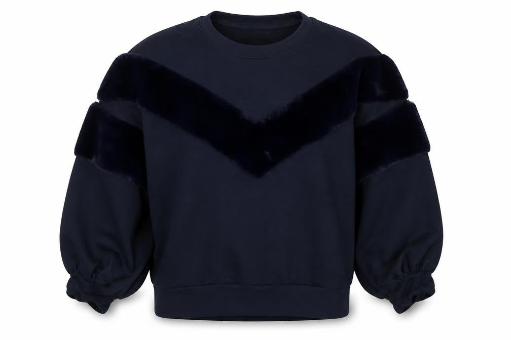 Funky Fun Women Blue Faux Fur Trim Pullover Sweatshirt Size 14