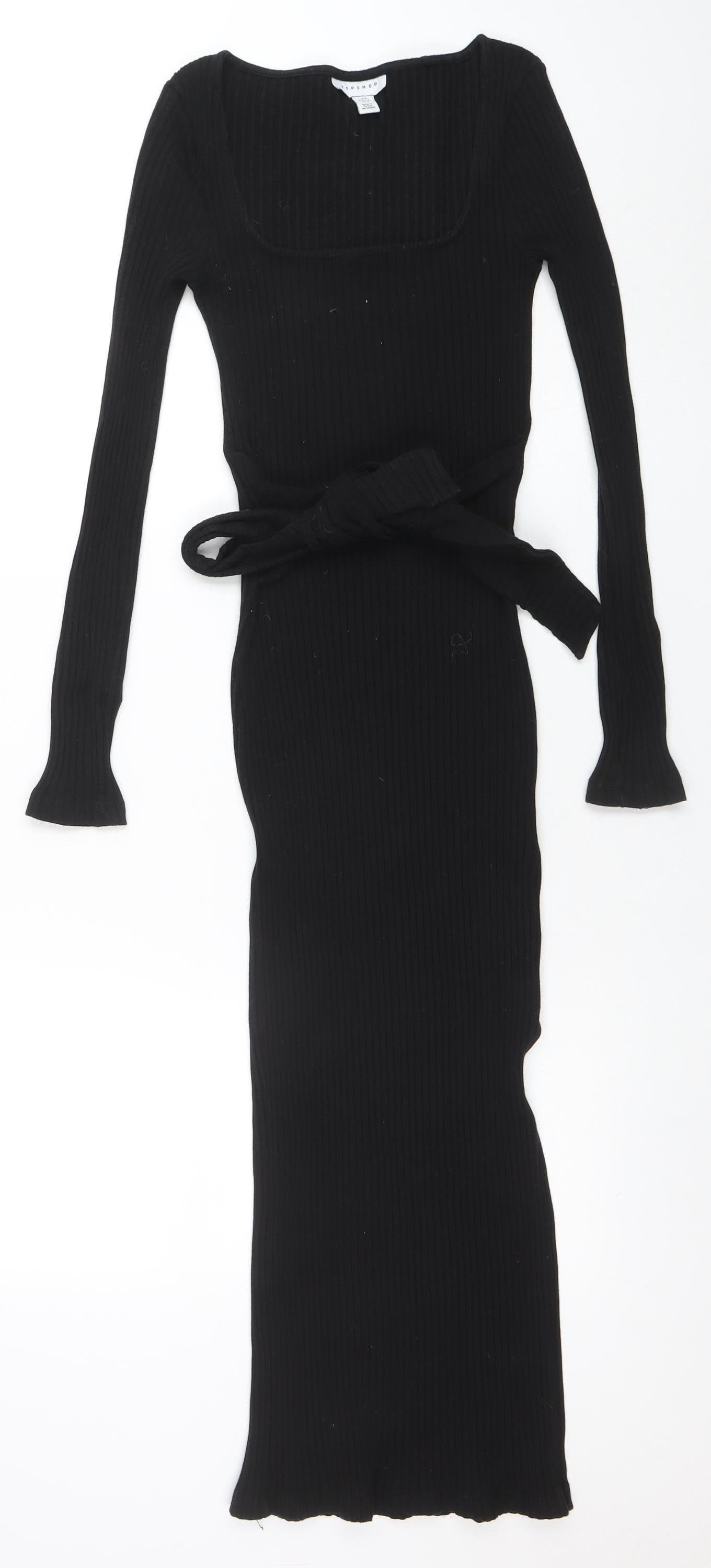 Topshop Women Black Bodycon Ribbed Midi Dress Size 8 Long Sleeve