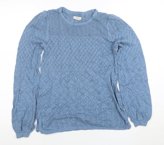 Fat Face Women Blue Cotton Open-Knit Long Sleeve Jumper Size 8