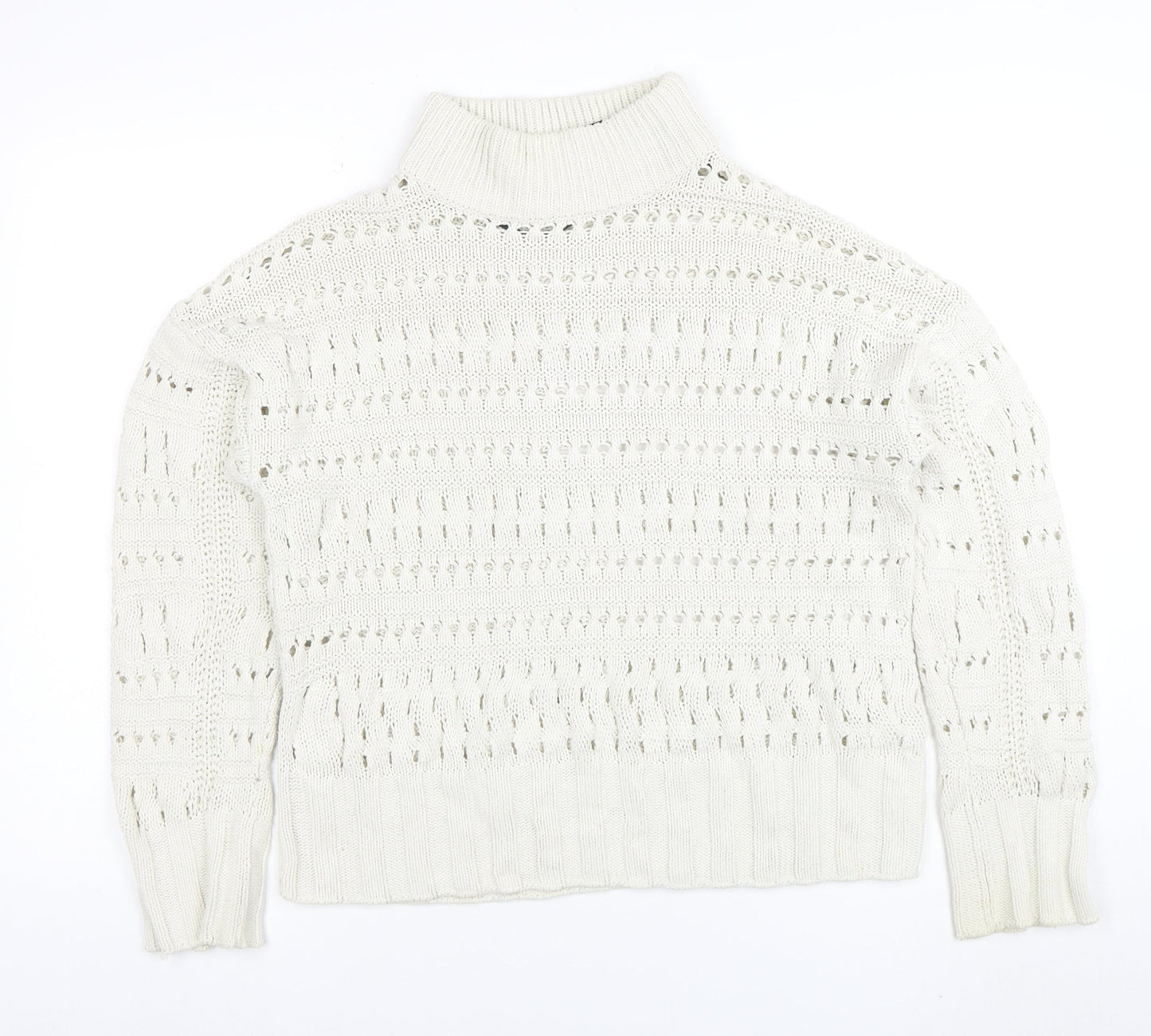 Noisy May Women Ivory High Neck Open Knit Cotton Jumper Size M
