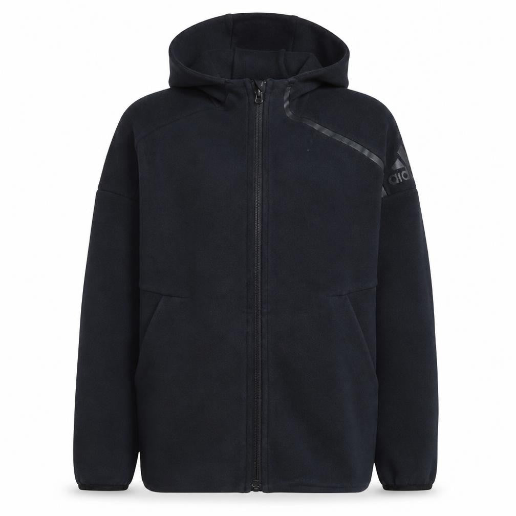 Front view of Adidas boys’ black full zip hoodie, size 11-12, years fleece sweatshirt