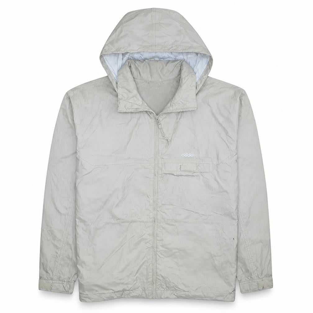 Front view of Adidas Men's Beige L Hooded Windbreaker Jacket Full Zip Sportswear