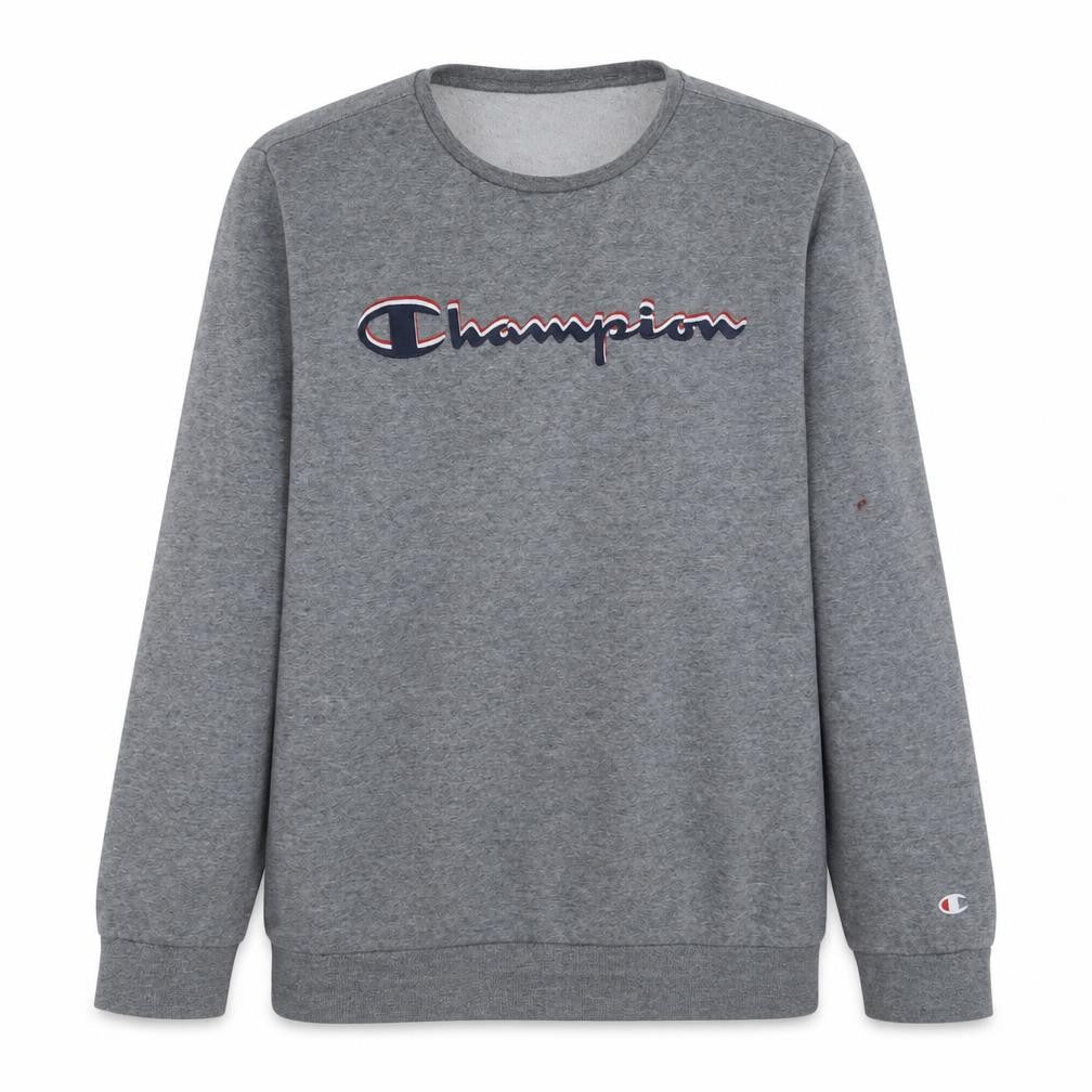 Front view of Champion boys’ grey crew neck pullover sweatshirt 13-14 years logo print