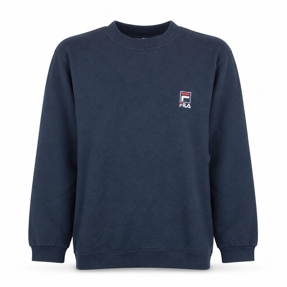 Front view of Fila women’s navy blue sweatshirt l logo embroidered pullover classic fit