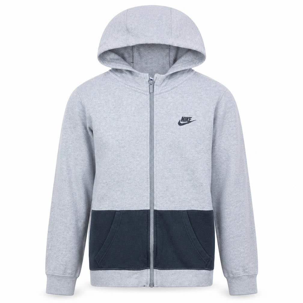 Front view of Nike boys’ grey colourblock full zip hoodie xl 13-15 years fleece