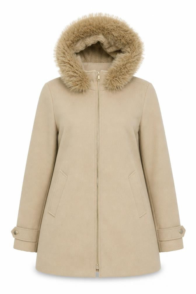 Primark Women Beige Size 12 Hooded Fur Trim Mid-Length Parka Coat