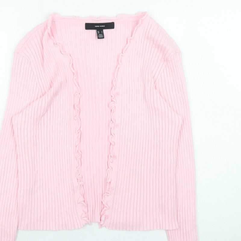 Vero Moda Women Pink Ribbed Ruffle Trim Cardigan Size L