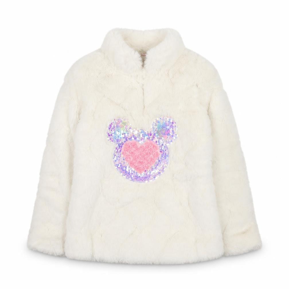 Front view of Victoria Originals girls’ ivory faux fur sequin pullover sweatshirt 2 years