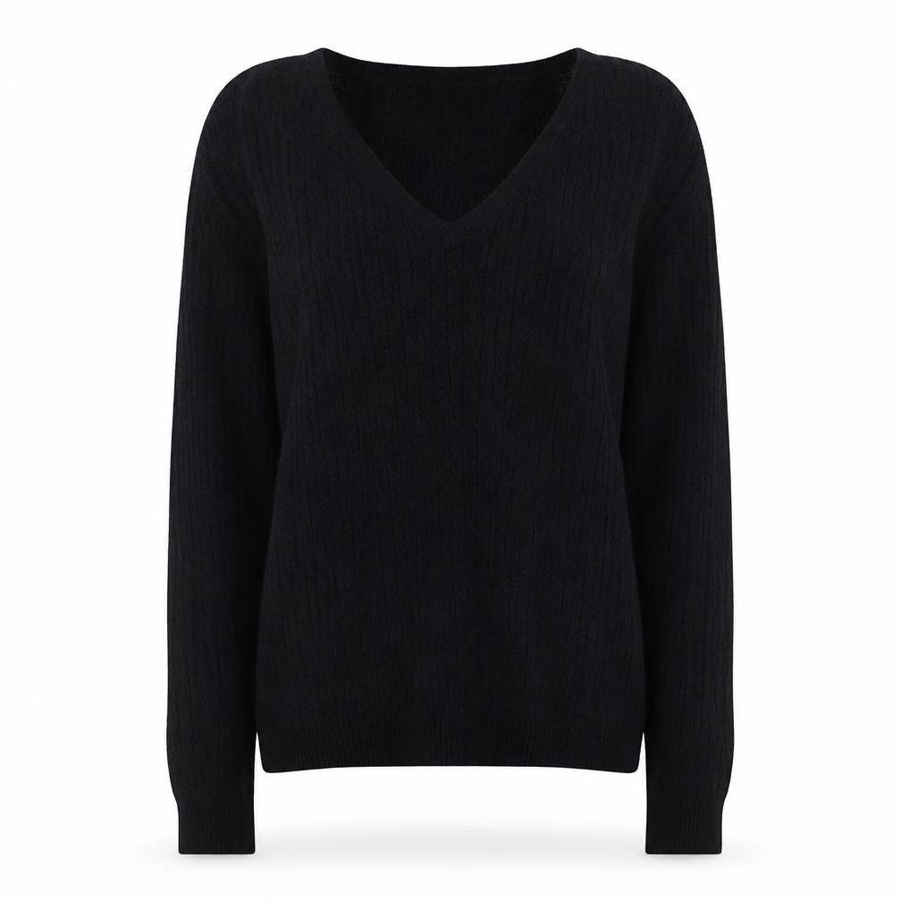 Mango Women Black V-Neck Cable Knit Long Sleeve Jumper Size 10
