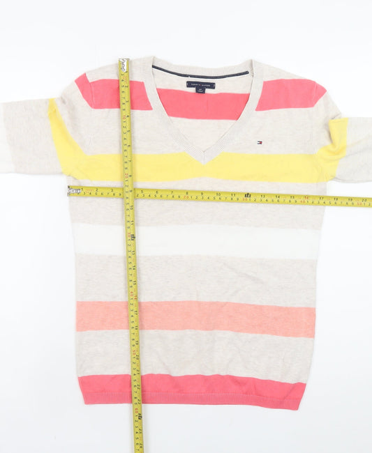 Tommy Hilfiger Women's Multicoloured Stripe Cotton V-Neck Jumper Size S