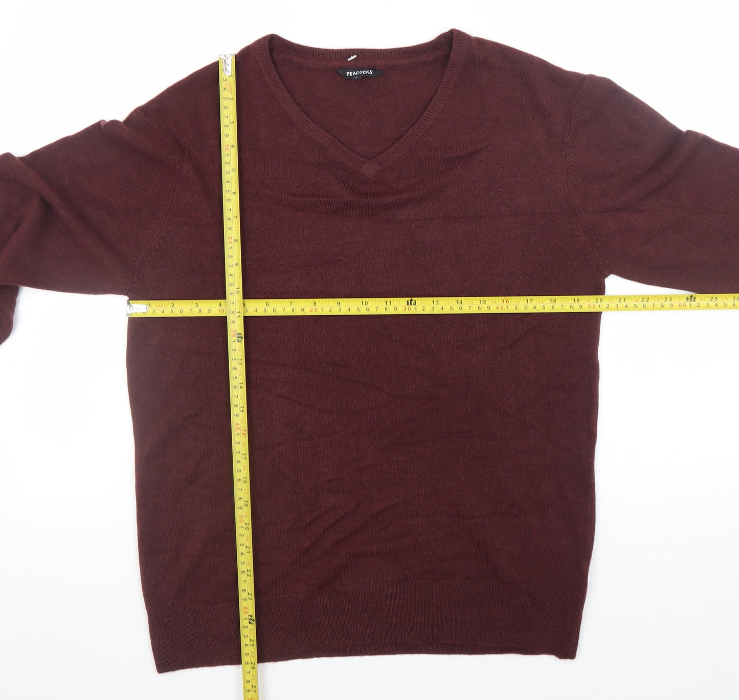 Peacocks Men's Red V-Neck Acrylic Jumper Size L