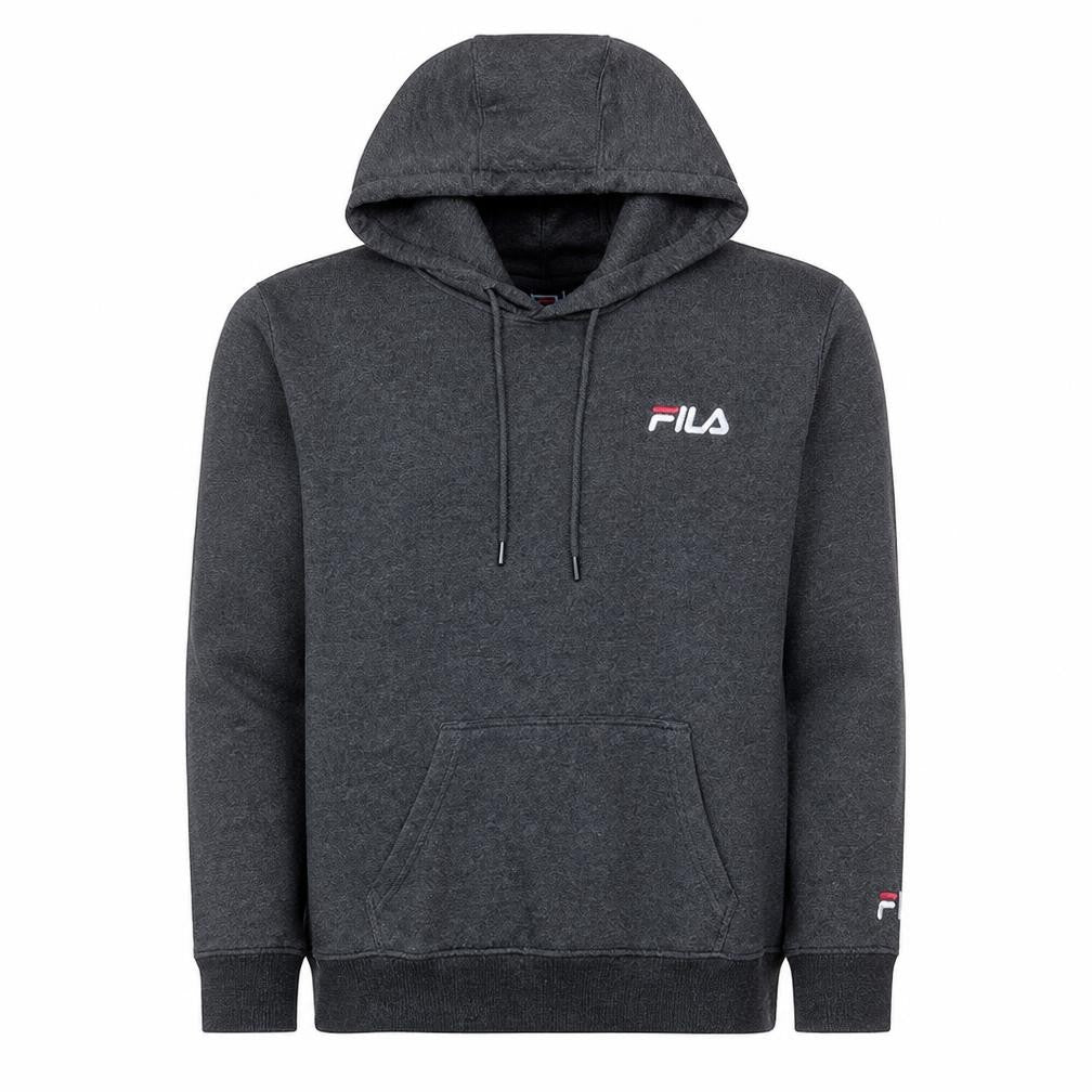 Front view of Fila Men's Grey Pullover Hoodie S Logo Fleece Sweatshirt