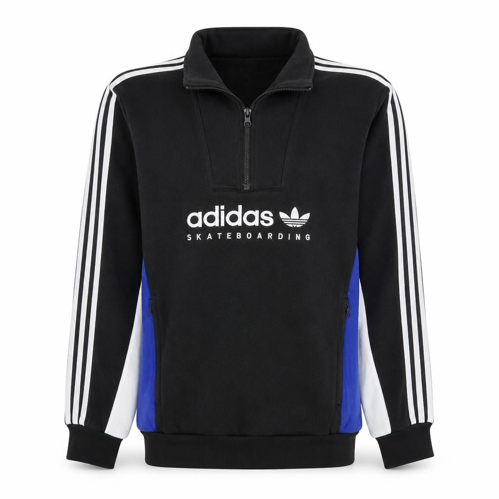 Front view of Adidas men’s black 1/2 zip skateboarding sweatshirt, size S