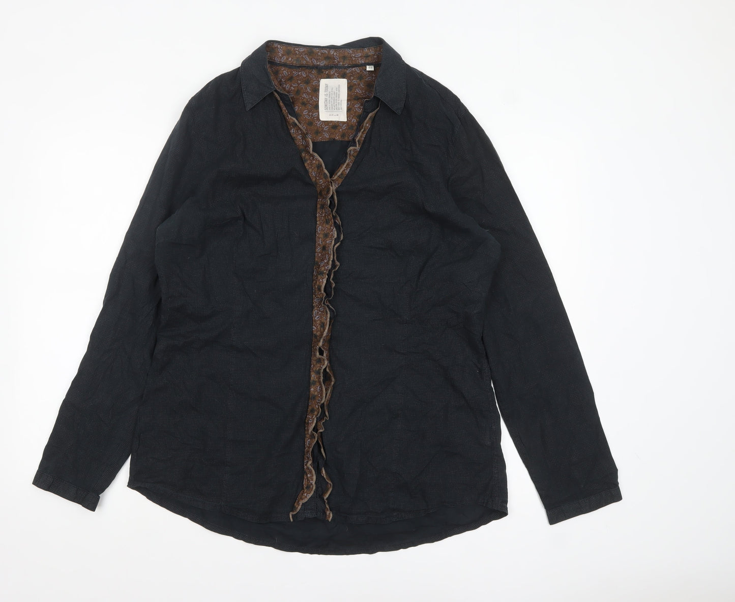 OPUS Women's Black Cotton Ruffle Trim Long Sleeve Blouse Size 16