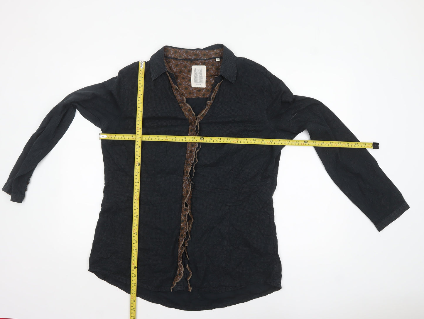 OPUS Women's Black Cotton Ruffle Trim Long Sleeve Blouse Size 16