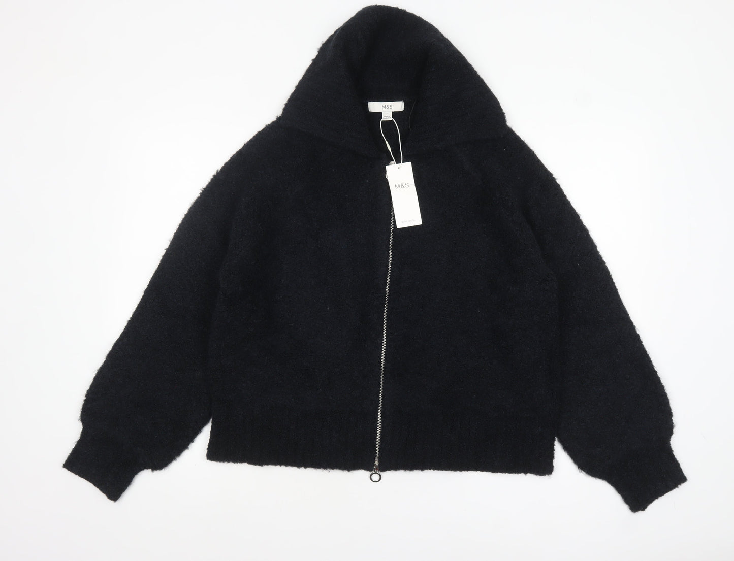 Marks and Spencer Women Black L Full Zip Hooded Knit Jumper