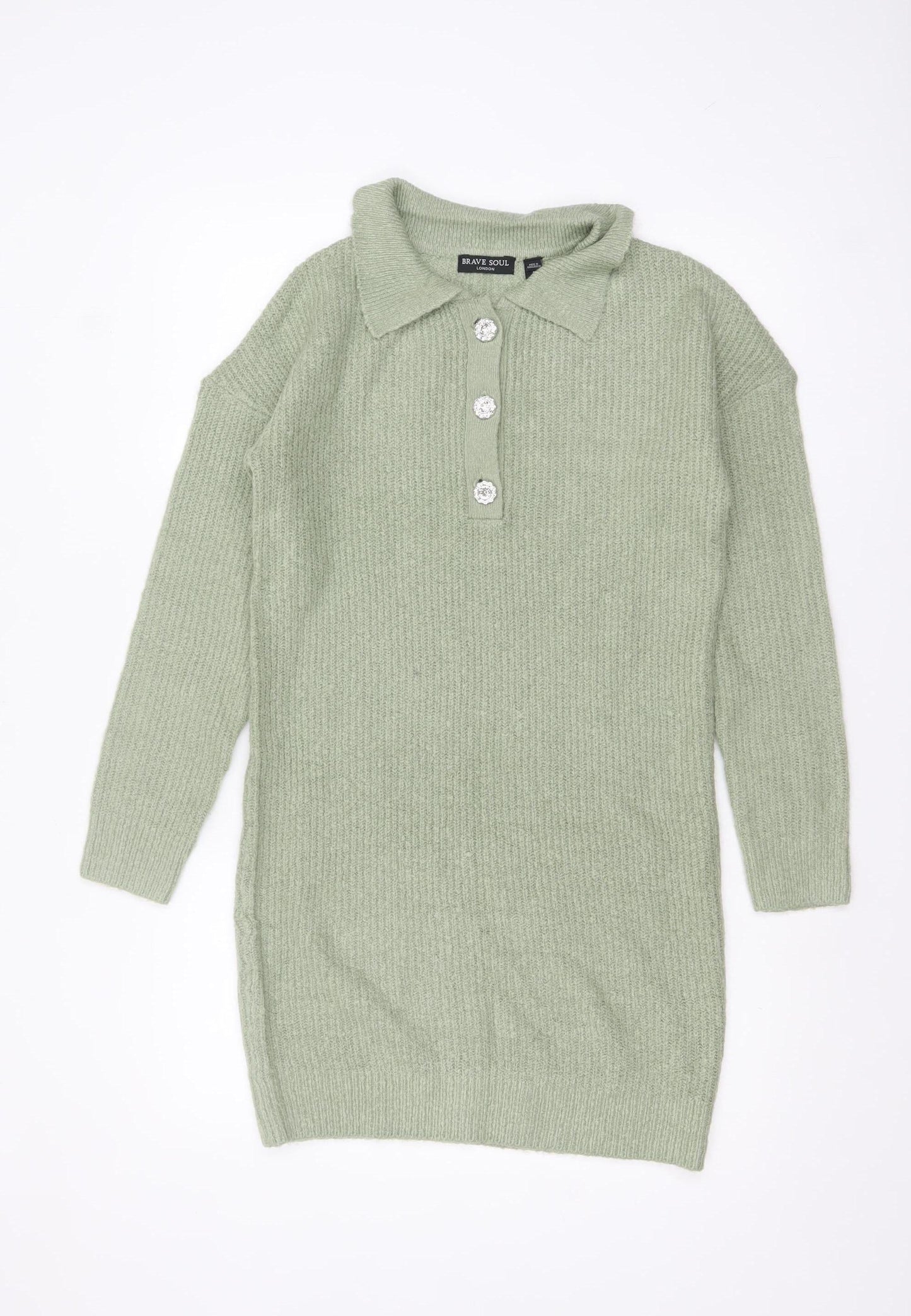 Brave Soul Women's Green Collared Henley Knit Jumper Size 8