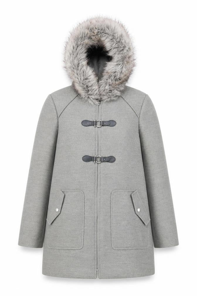 New Look Women's Grey Faux Fur Hooded Duffle Coat Size 10