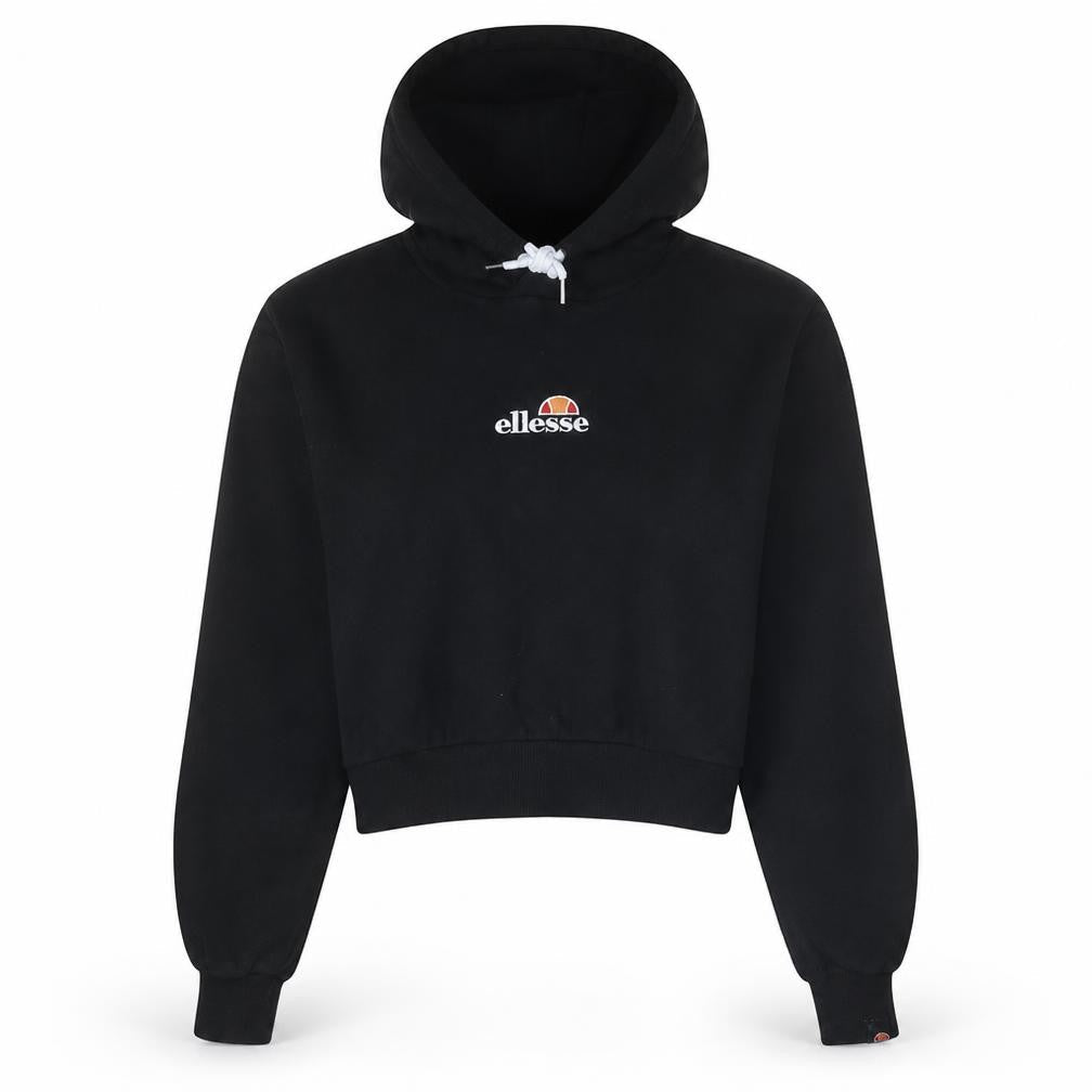 Front view of Ellesse women’s black cropped pullover hoodie, size UK 14