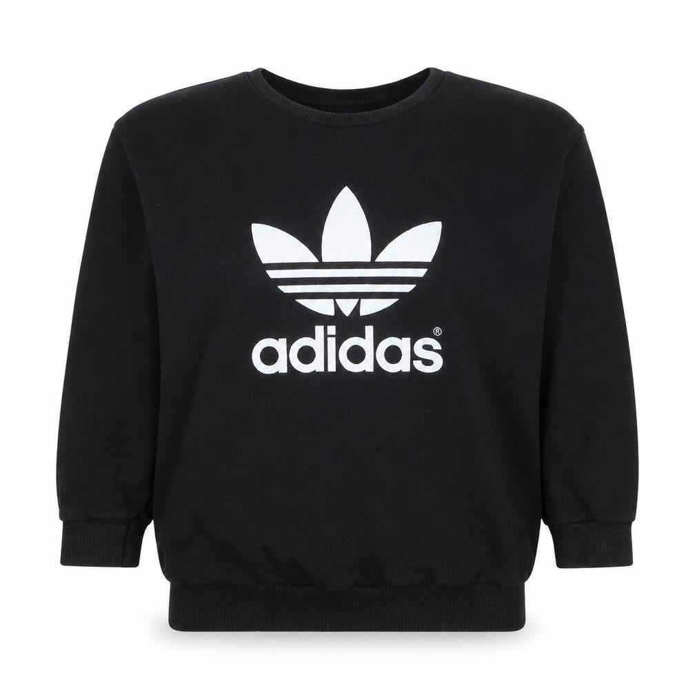 Front view of Adidas women’s black, size UK 10, crew neck pullover sweatshirt