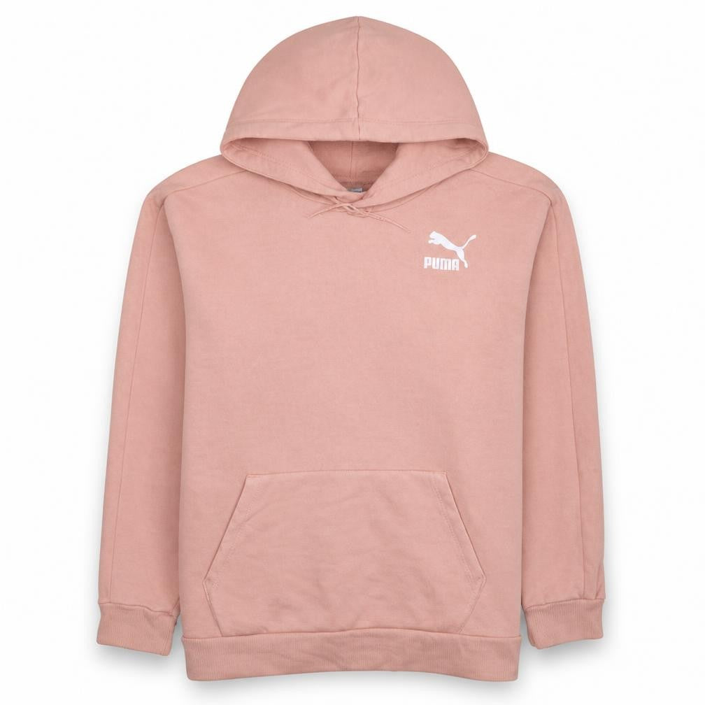 Front view of Puma women’s pink pullover hoodie, size L, cotton blend sweatshirt