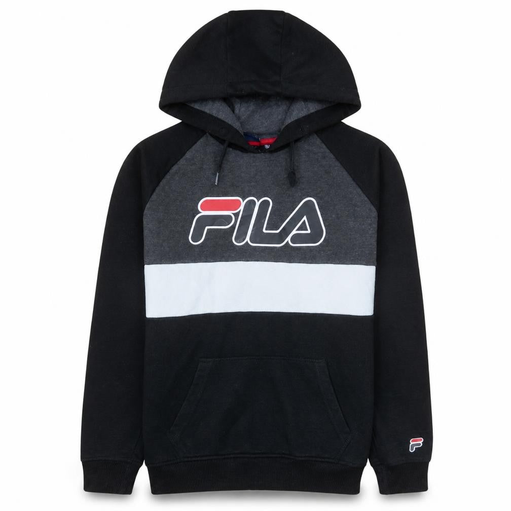 Front view of Fila boys’ black colourblock pullover hoodie, size 14-15, years