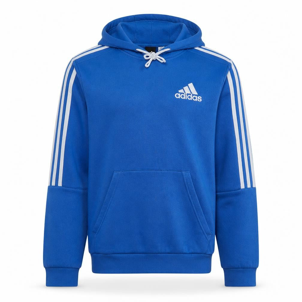 Front view of Adidas Men's Blue Pullover Hoodie, size M, Logo Fleece Sweatshirt