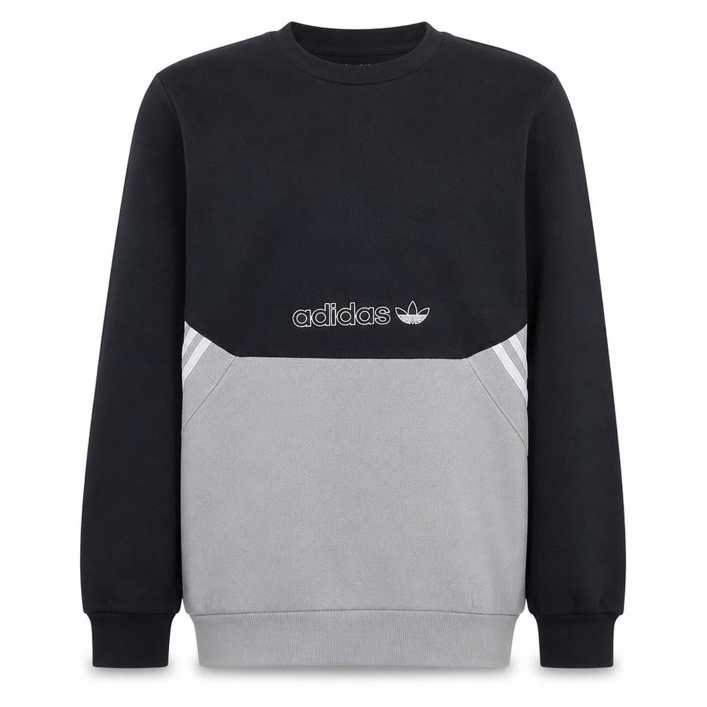 Front view of Adidas boys’ black grey crew neck pullover sweatshirt xl 15-16 years