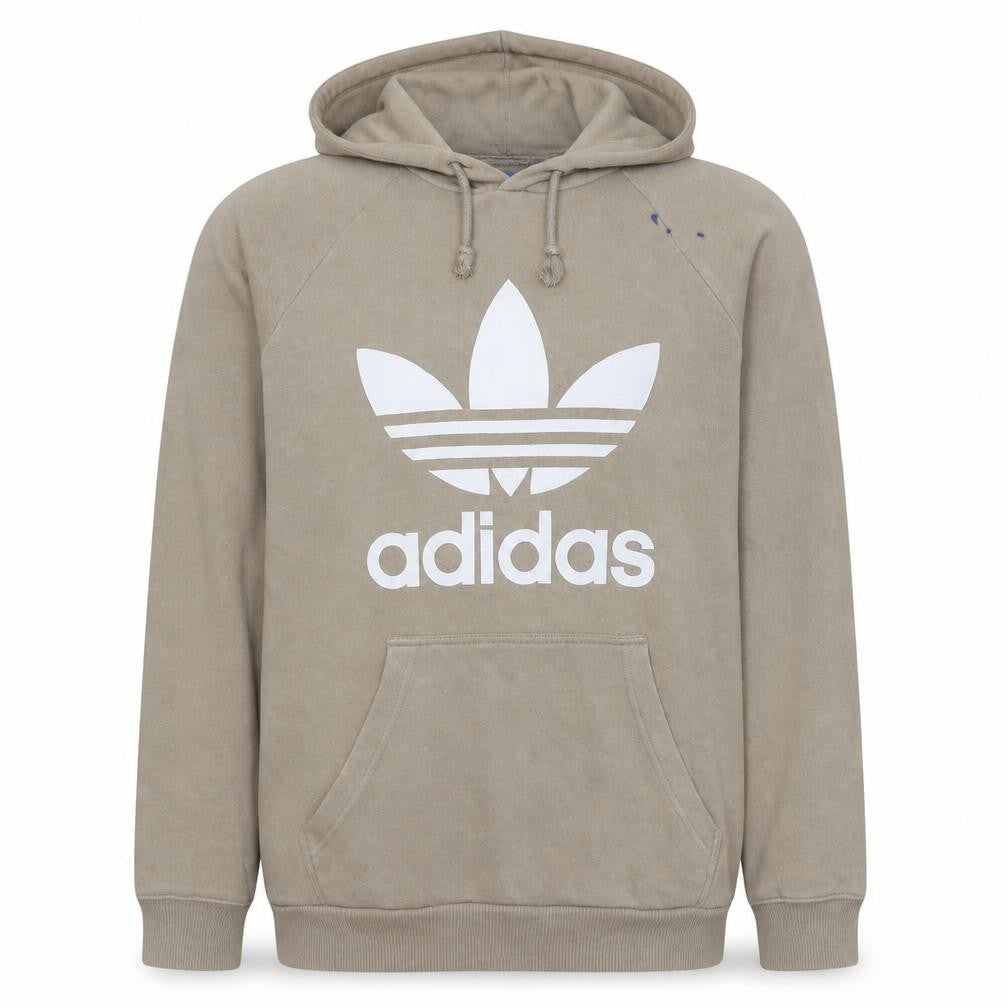 Front view of adidas Men Beige Pullover Hoodie Medium Logo Fleece Sweatshirt