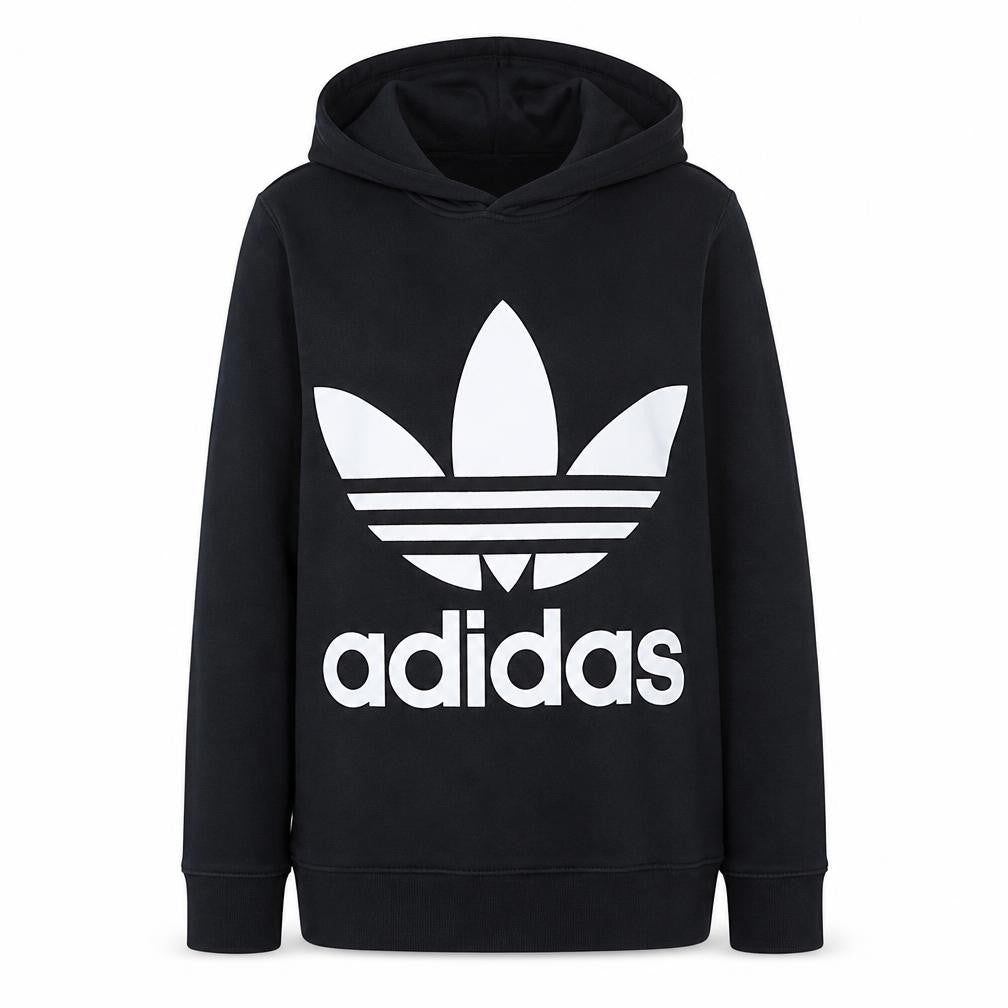 Front view of Adidas women’s black hooded pullover sweatshirt, size UK 12, logo print