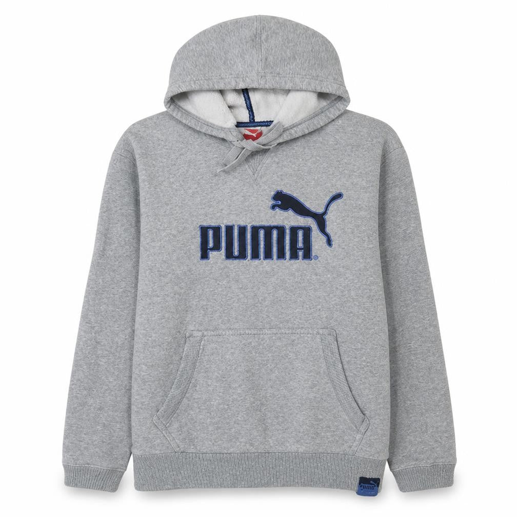 Front view of Puma men’s grey pullover hoodie m regular fit sports fleece
