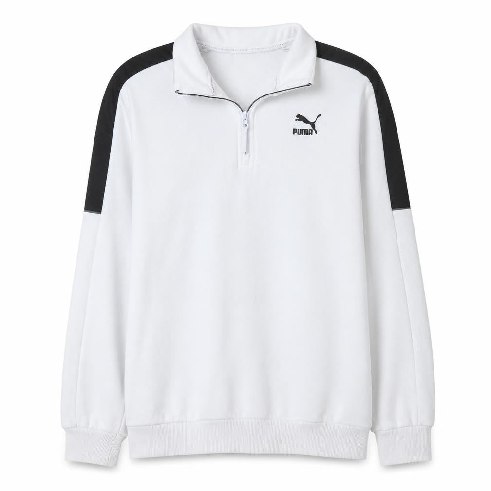 Front view of Puma Men’s White 1/4 Zip Sweatshirt, size S, Sportswear Classic