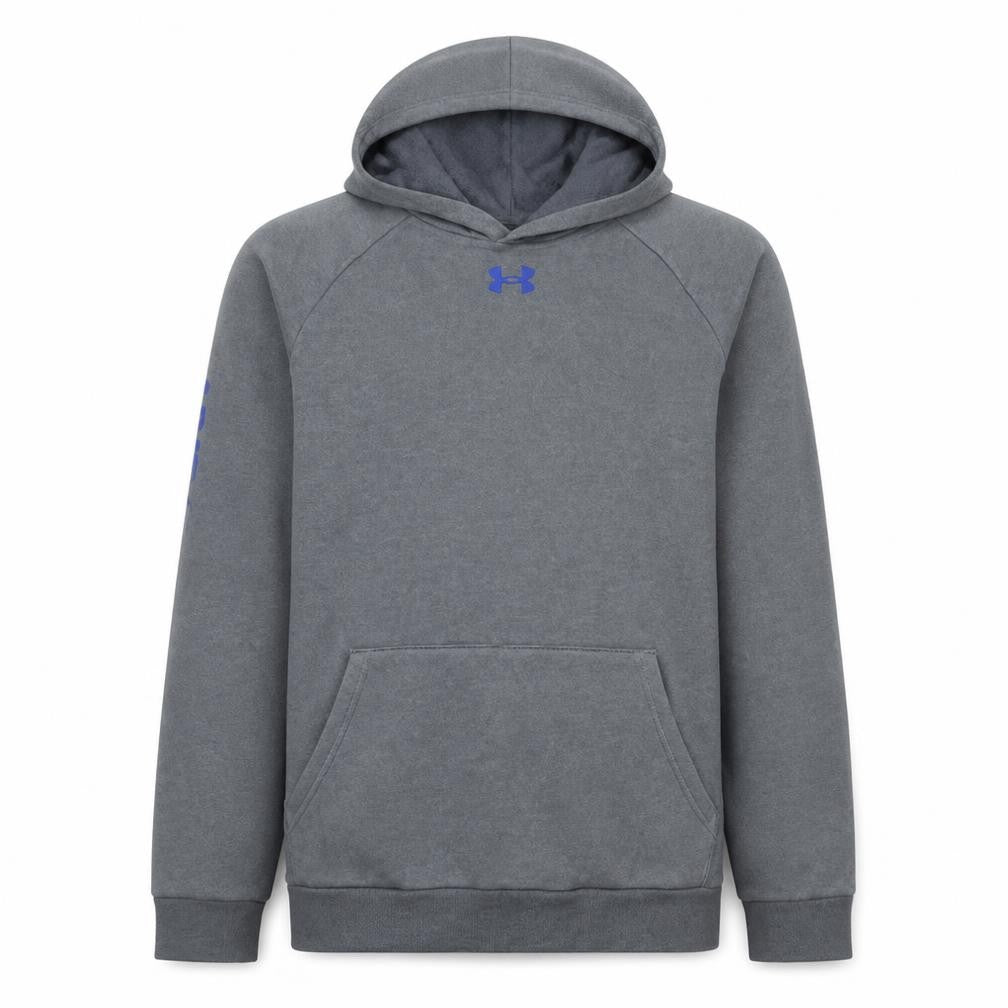 Front view of Under Armour boys’ grey pullover hoodie yxl 158 fleece hooded sweatshirt