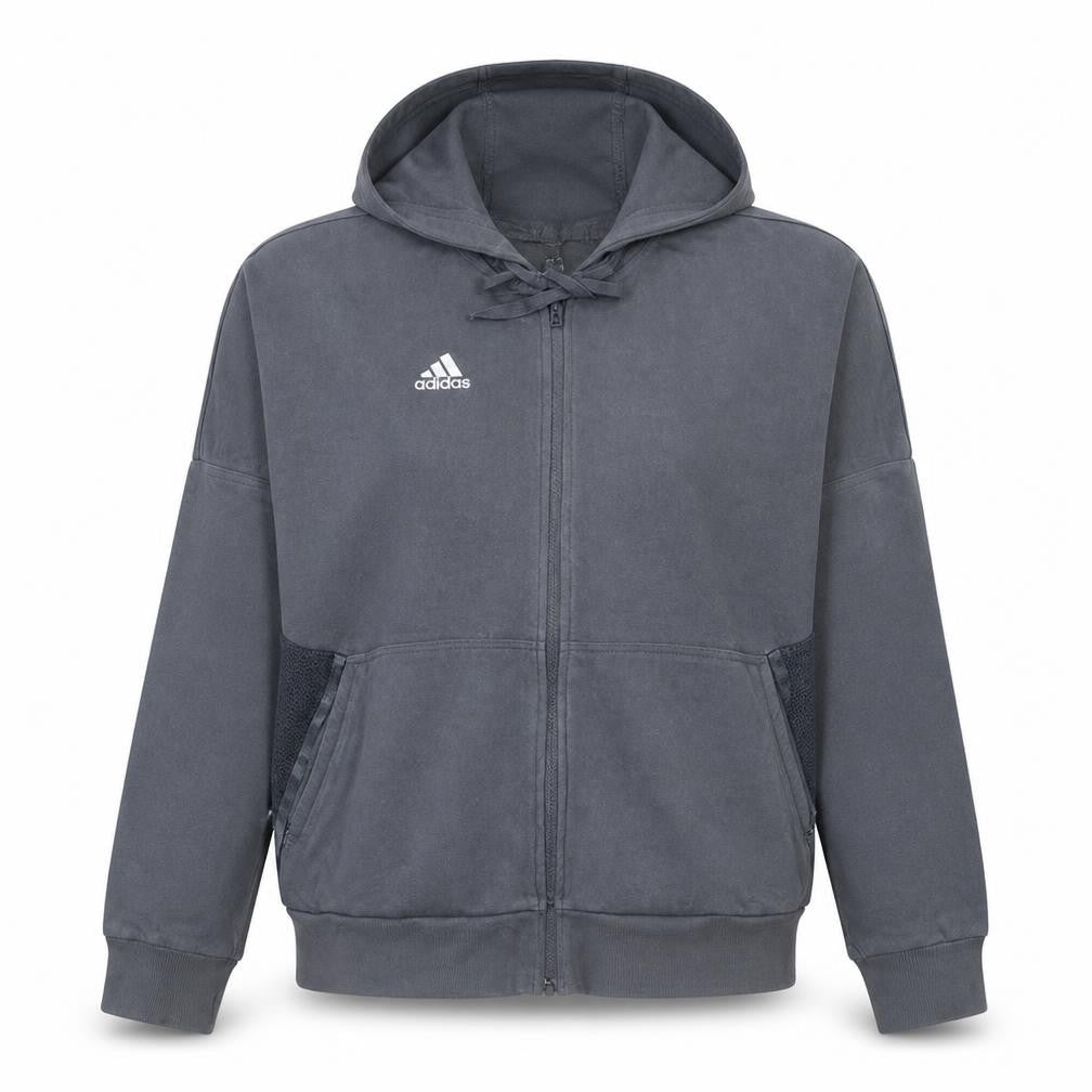 Front view of Adidas Women’s Grey Full Zip Hoodie, size M, - Hooded Sweatshirt