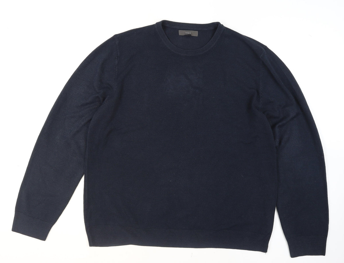 Back view of Marks and Spencer Men's Blue L Crew Neck Cotton Blend Jumper