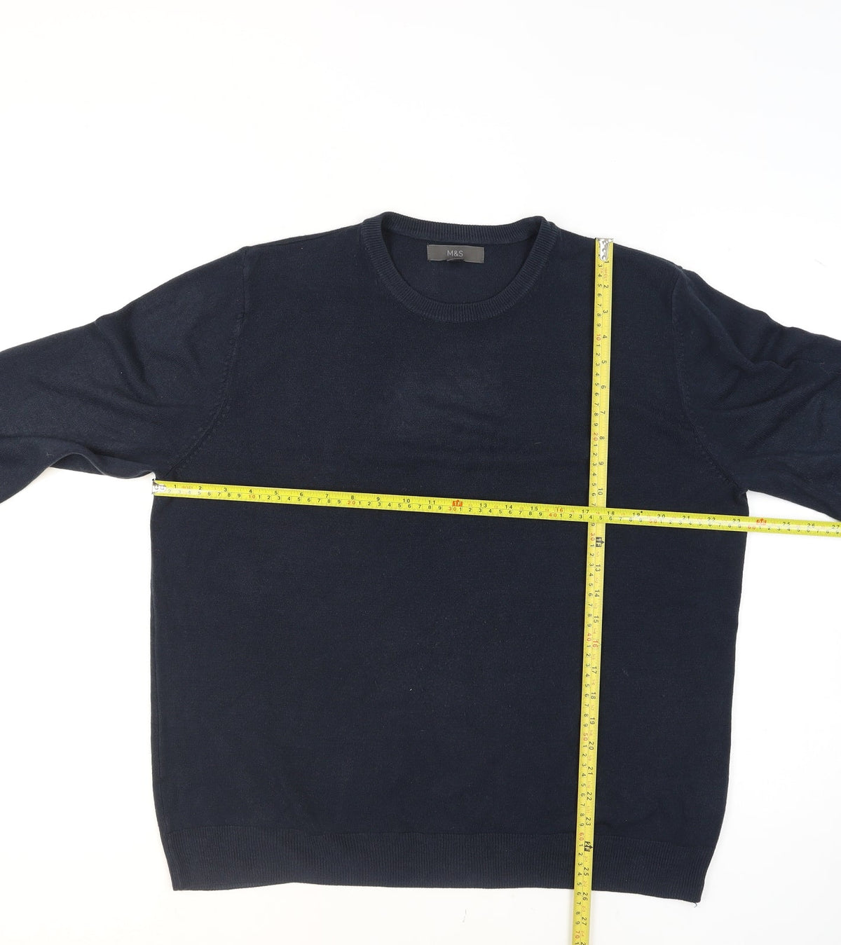 Close-up detail of Marks and Spencer Men's Blue L Crew Neck Cotton Blend Jumper