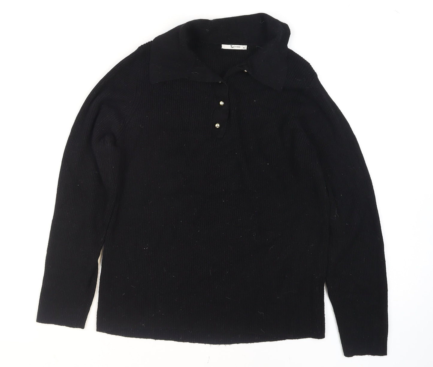 Tu Women Black Collared Henley Knit Jumper Size 16