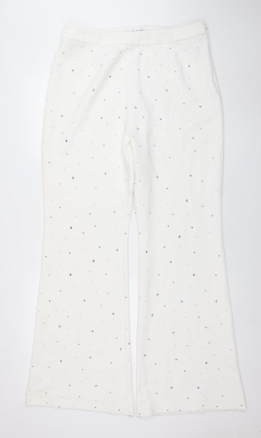 Rare London Women's White Rhinestone Wide-Leg Trousers Size 16