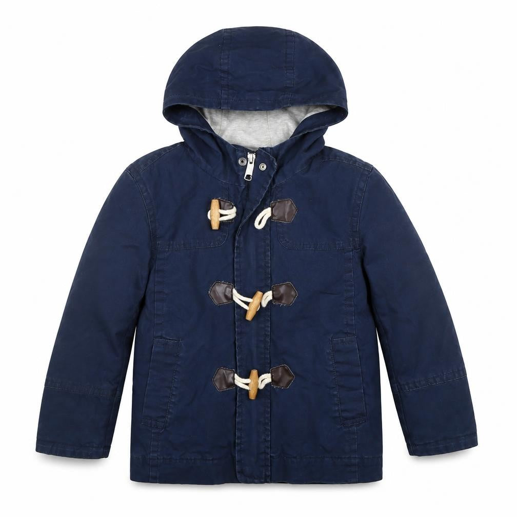 Front view of United Colors of Benetton boys’ blue hooded duffle coat, size 6, years