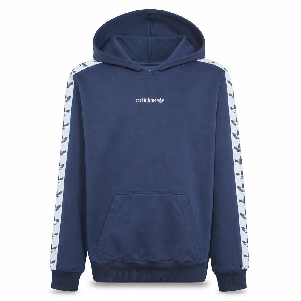 Front view of Adidas men’s navy blue small pullover hoodie with logo trim