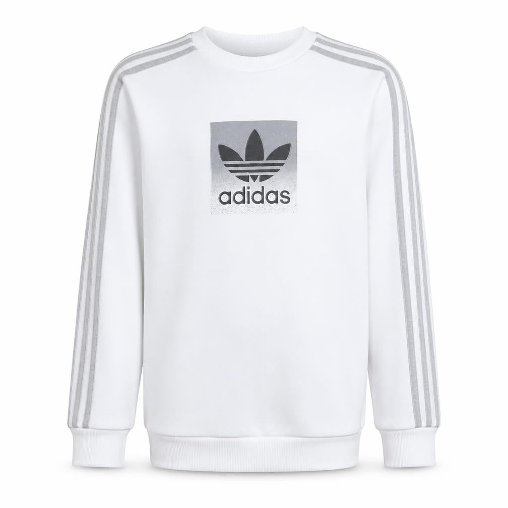 Front view of Adidas boys’ white long sleeve pullover sweatshirt, size 11-12, years