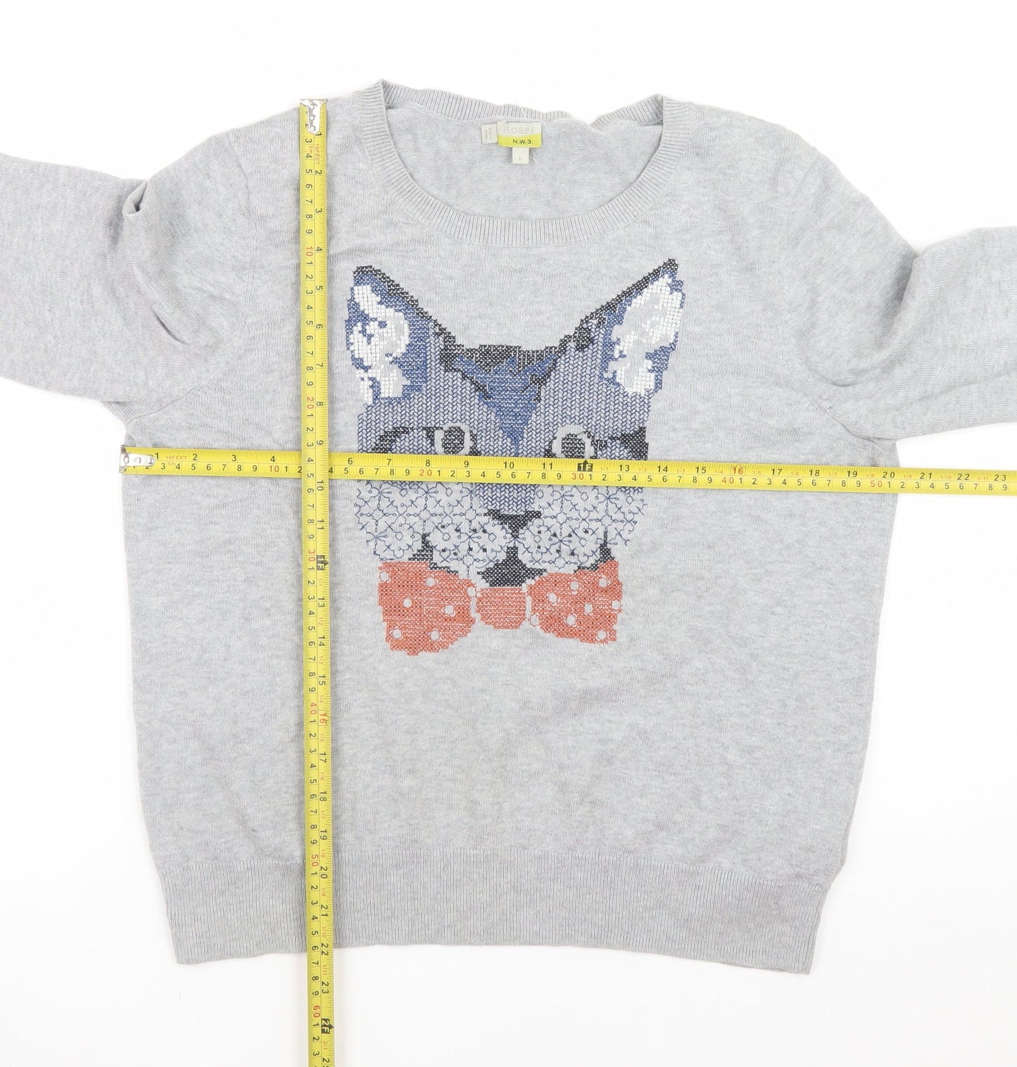 Hobbs Women’s Grey Cat Jumper L Crew Neck Knit Pullover Sweater
