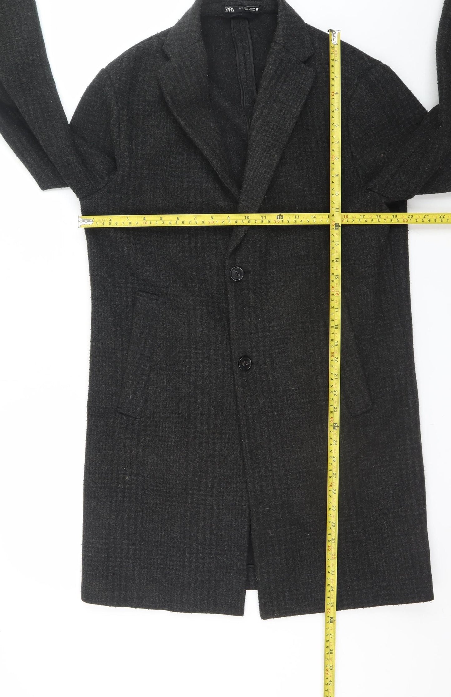 Zara Womens Black Long Check Overcoat Size S Classic Wool Look
